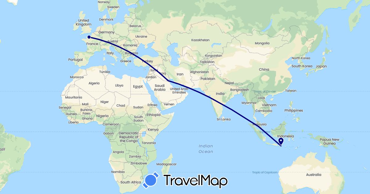 TravelMap itinerary: driving in France, Indonesia, Kuwait, Malaysia (Asia, Europe)